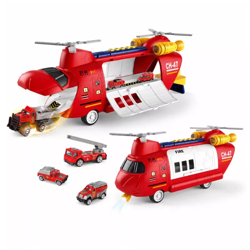 LEAN TOYS Große faltbare Feuerwehr-Transportflugzeug mit Fahrzeugen, Lichtern und Geräuschen