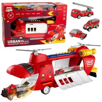 LEAN TOYS Große faltbare Feuerwehr-Transportflugzeug mit Fahrzeugen, Lichtern und Geräuschen
