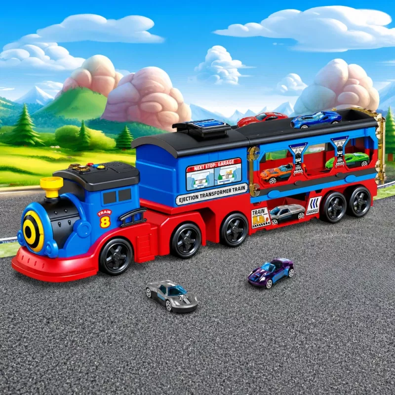 LEAN TOYS Lokomotiv-Transporter mit Autos, Schienen, Abschussrampe, Lichtern und Geräuschen