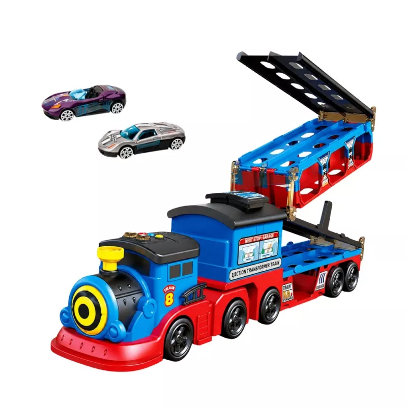 LEAN TOYS Lokomotiv-Transporter mit Autos, Schienen, Abschussrampe, Lichtern und Geräuschen