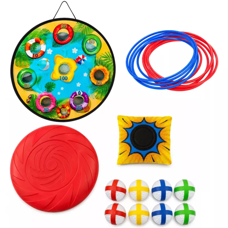 LEAN TOYS 4-in-1 Zielwurf-Geschicklichkeitsspiel mit Brett, Beuteln, Reifen, Frisbee