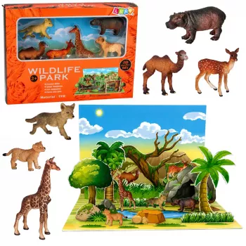 LEAN TOYS Set Wildtiere Figuren Fuchs Giraffe Nilpferd Hirsch Park 3D-Brett