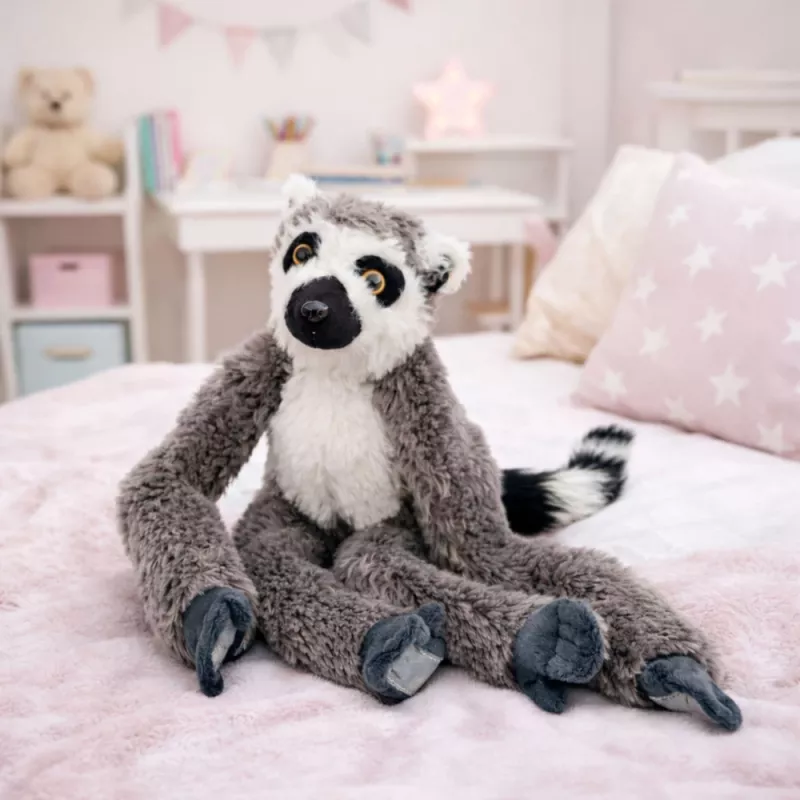 LEAN TOYS Plüsch-Lemur Maskottchen Kuscheltier mit Klettpfoten zum Aufhängen, 50 cm, Grau/Weiß/Schwarz