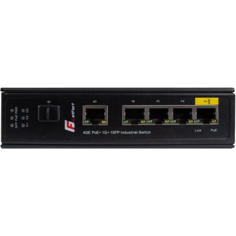 GETFORT GF-110-4PG-1G-1S Industrial PoE+ Switch, 4x PoE+ 10/100/1000Base-T + 1x 10/100/1000Base-T + 1x 1000Base-X SFP, -40°C bis 80°C, DIN-Schiene, 65W PoE-Budget