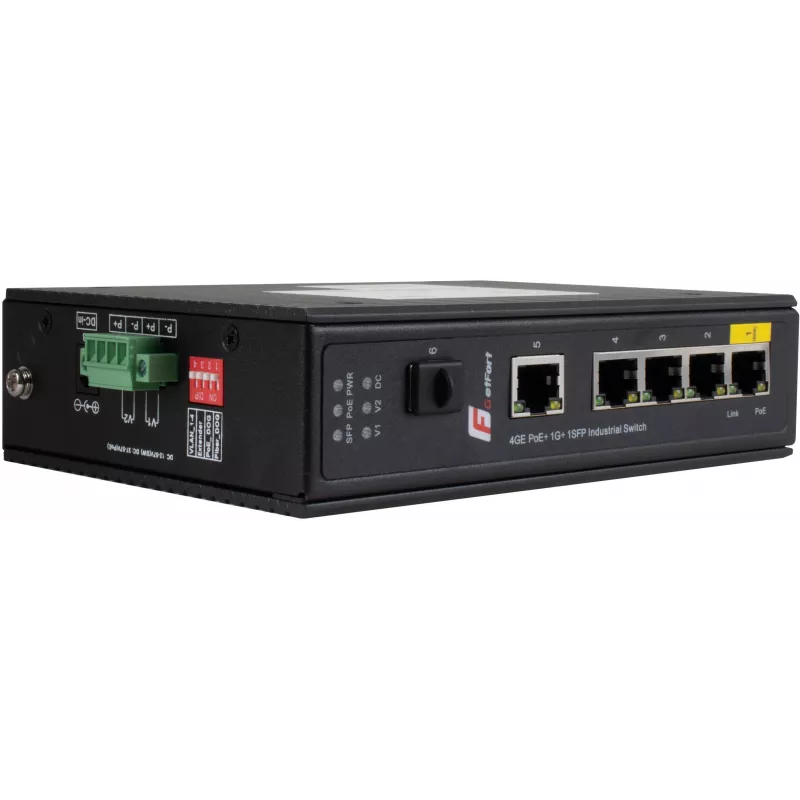 GETFORT GF-110-4PG-1G-1S Industrial PoE+ Switch, 4x PoE+ 10/100/1000Base-T + 1x 10/100/1000Base-T + 1x 1000Base-X SFP, -40°C bis 80°C, DIN-Schiene, 65W PoE-Budget