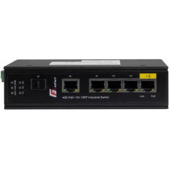 GETFORT GF-110-4PG-1G-1S Industrial PoE+ Switch, 4x PoE+ 10/100/1000Base-T + 1x 10/100/1000Base-T + 1x 1000Base-X SFP, -40°C bis 80°C, DIN-Schiene, 65W PoE-Budget