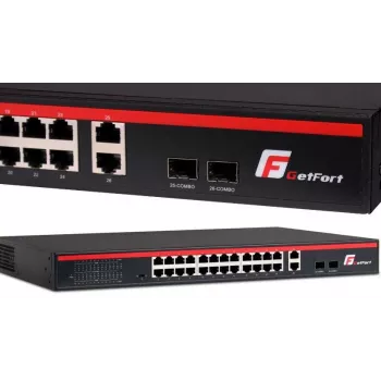 GETFORT GF-226G-24P-250 Unmanaged PoE+ Switch, 24x 10/100Mbps PoE+ Ports, 2x Gigabit RJ45, 2x SFP, 250W, Rackmount