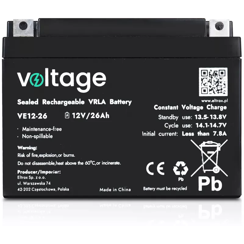 VOLTAGE AGM Batterie 12V 26Ah VE12-26 (6-9 Jahre Lebensdauer)