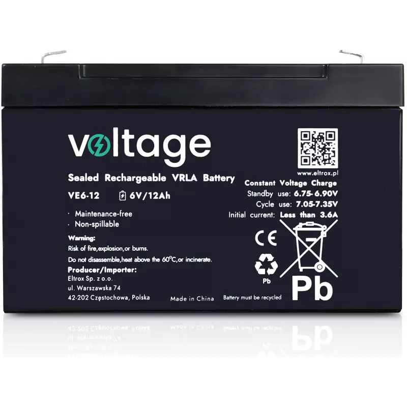VOLTAGE AGM Batterie 6V 12Ah VE6-12 (6-9 Jahre Lebensdauer)