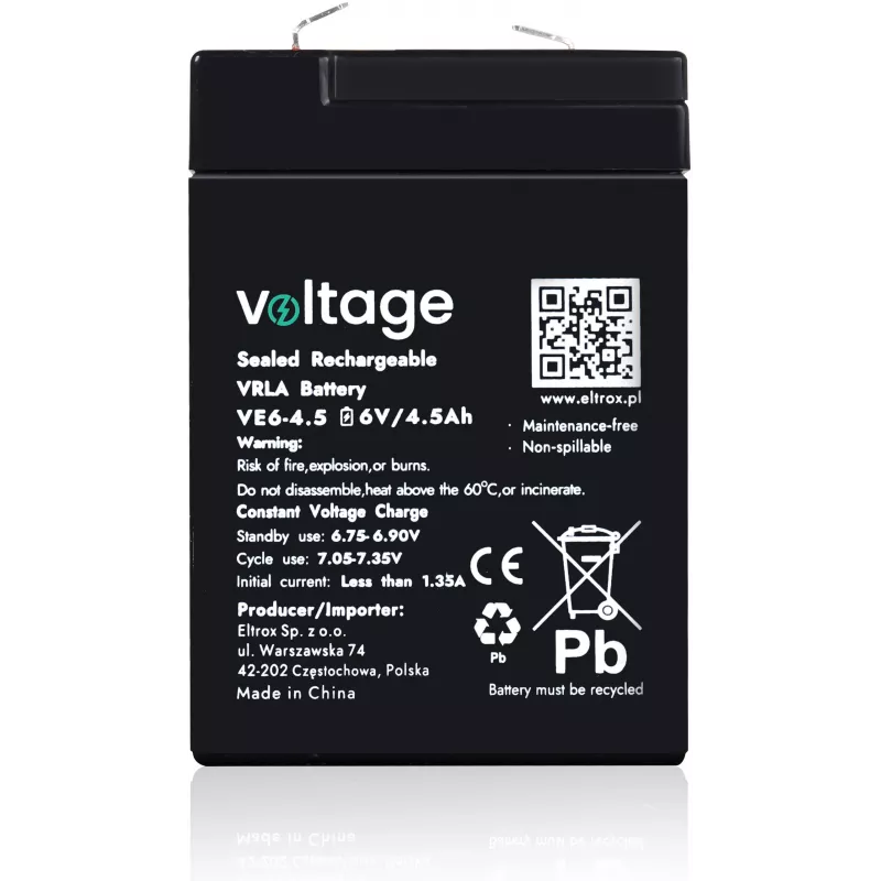 VOLTAGE AGM Batterie 6V 4,5Ah VE6-4.5 (6-9 Jahre Lebensdauer)