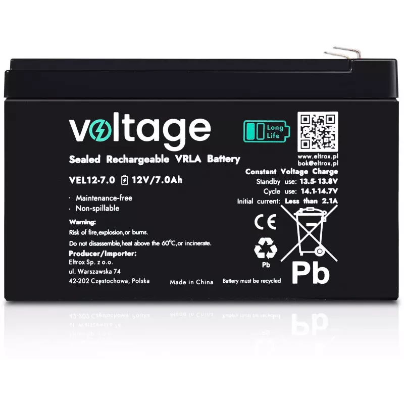Voltage Long Life AGM Batterie 12V 7Ah VEL12-7.0 (15 Jahre Designlebensdauer)