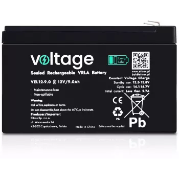Voltage Long Life AGM Batterie 12V 9Ah VEL12-9.0 (15 Jahre Designlebensdauer)