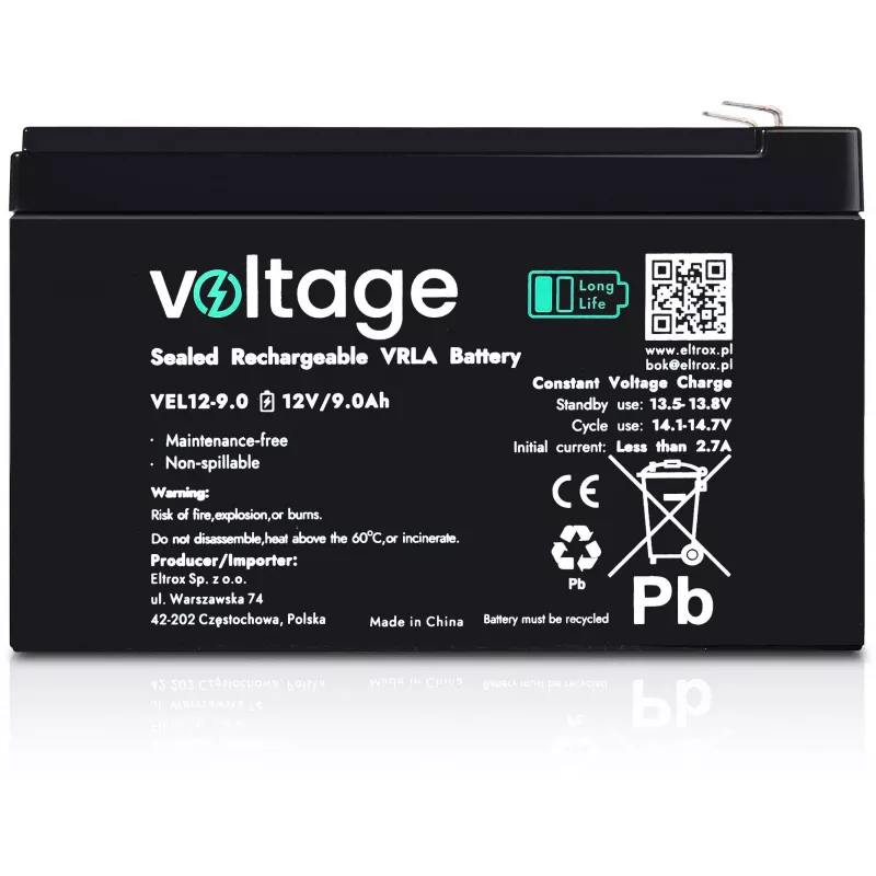 Voltage Long Life AGM Batterie 12V 9Ah VEL12-9.0 (15 Jahre Designlebensdauer)