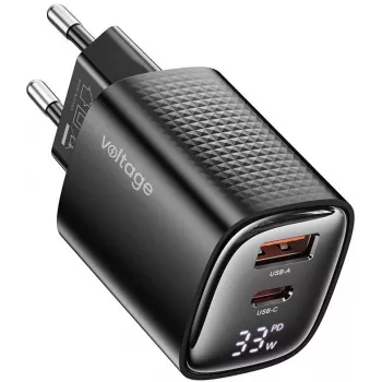 Voltage GaN Charger Mini 33W PD 3.0 QC 3.0 USB-A USB-C Digital Display Schwarz