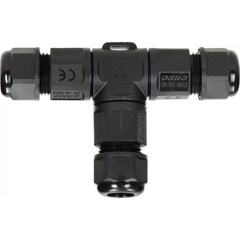ORNO OR-AE-13602 T-Verbinder IP68, 3x4mm², 450V/25A, Schwarz
