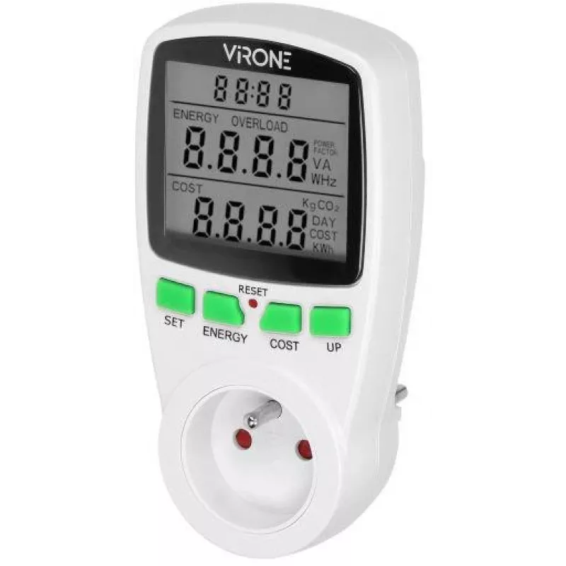 VIRONE EM-4 Einphasen-Energiezähler mit LCD-Display, 16A, 3680W, Schuko-Stecker
