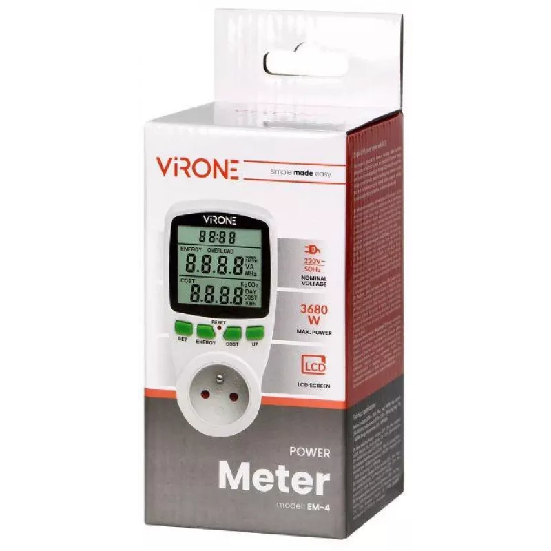 VIRONE EM-4 Einphasen-Energiezähler mit LCD-Display, 16A, 3680W, Schuko-Stecker