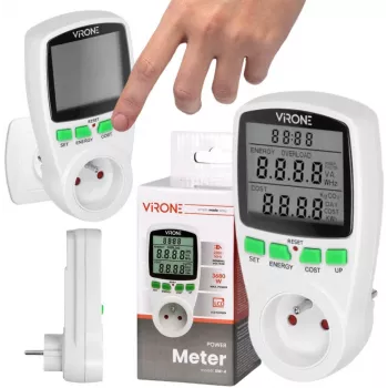 VIRONE EM-4 Einphasen-Energiezähler mit LCD-Display, 16A, 3680W, Schuko-Stecker