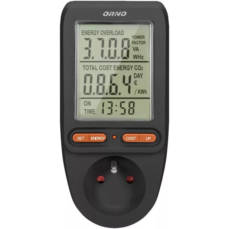 ORNO OR-WAT-435/B Energiekostenmessgerät und Stromverbrauchsmesser, 230V, 16A, LCD-Display, Schwarz