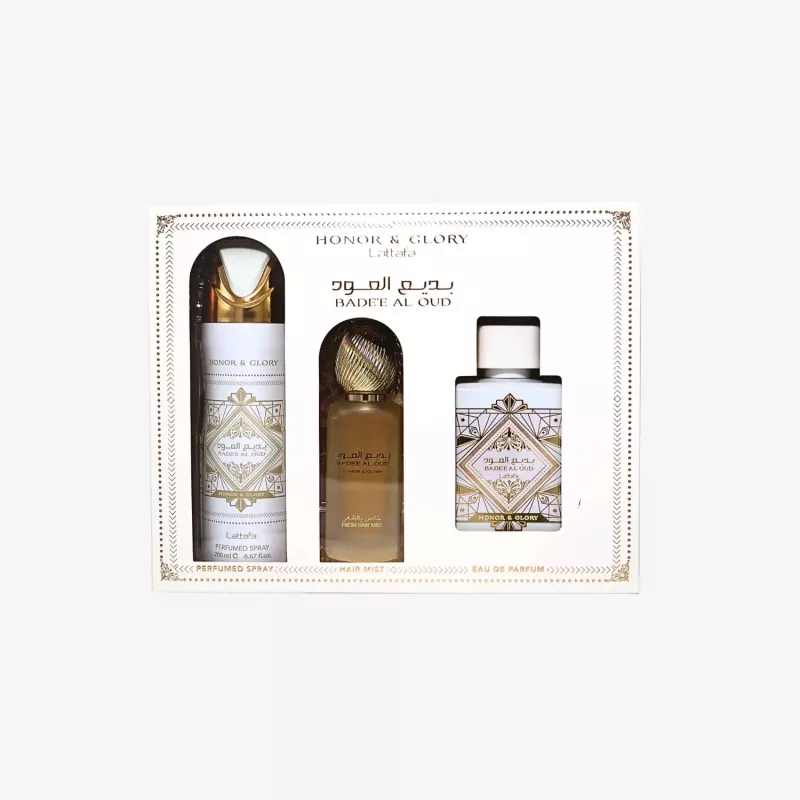 Lattafa Honor & Glory Badee Al Oud Eau de Parfum Geschenkset - 100ml EDP + 200ml parfümierter Körperspray + 300ml Lufterfrischer