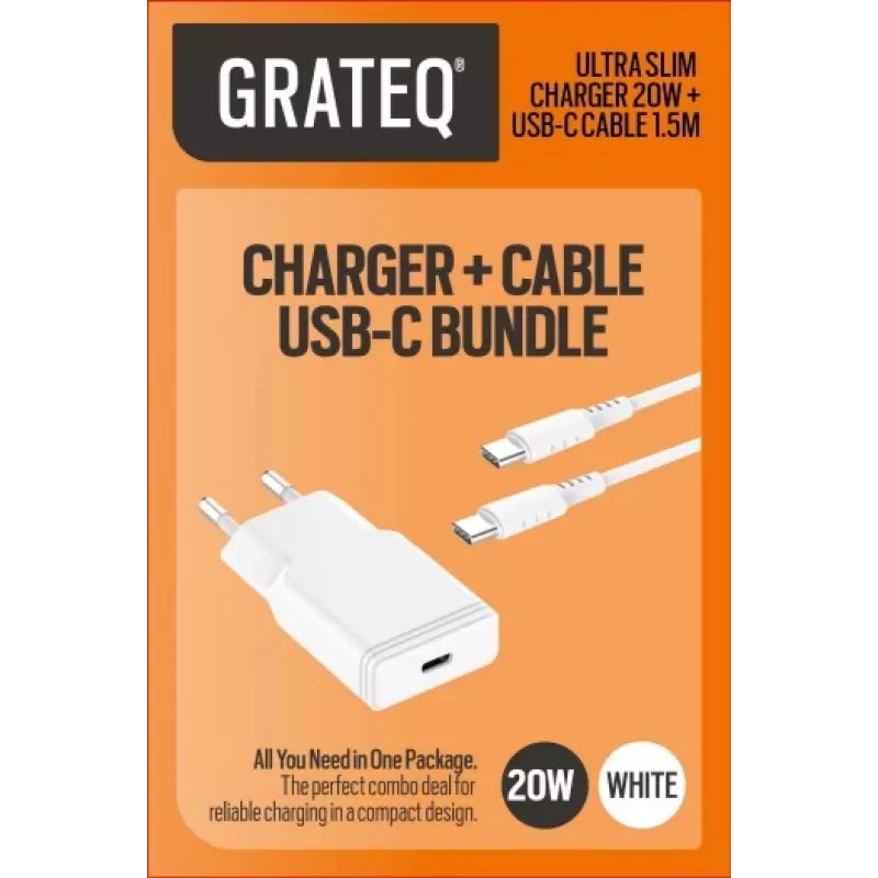 GRATEQ TAHKO 20W USB-C PD Wandladegerät Bundle mit 1,5m USB-C auf Lightning Kabel, Weiß