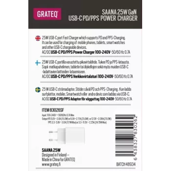 GRATEQ SAANA GaN USB-C 25W PD/PPS Wandladegerät Weiß
