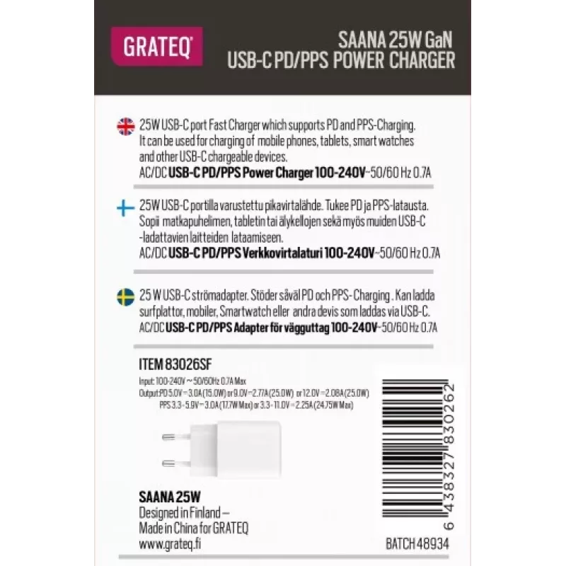 GRATEQ SAANA GaN USB-C 25W PD/PPS Wandladegerät Weiß