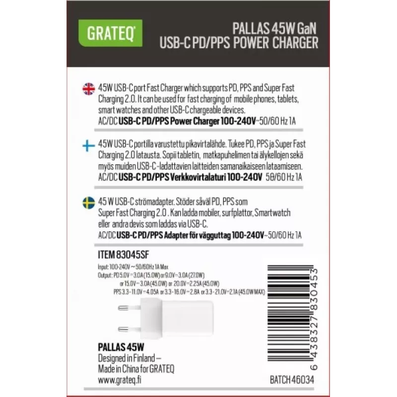 GRATEQ PALLAS GaN USB-C 45W Netzteil Weiß