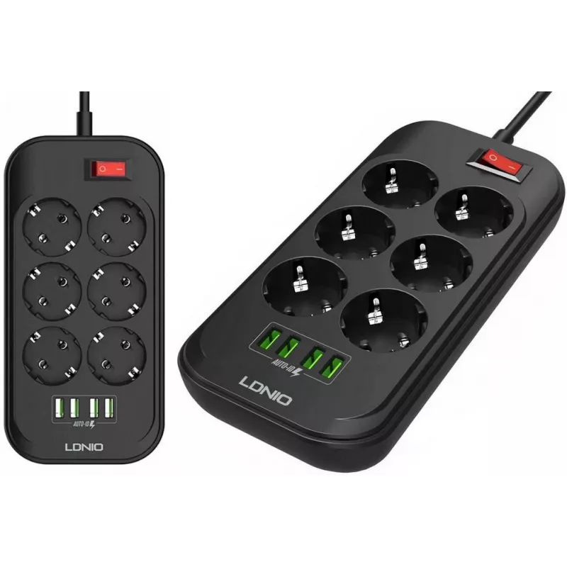 LDNIO SE6403 Steckdosenleiste 6 Steckdosen + 4 USB-Ladeanschlüsse, 2m Kabel, 2500W, Weiß