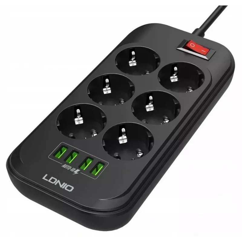 LDNIO SE6403 Steckdosenleiste 6 Steckdosen + 4 USB-Ladeanschlüsse, 2m Kabel, 2500W, Weiß