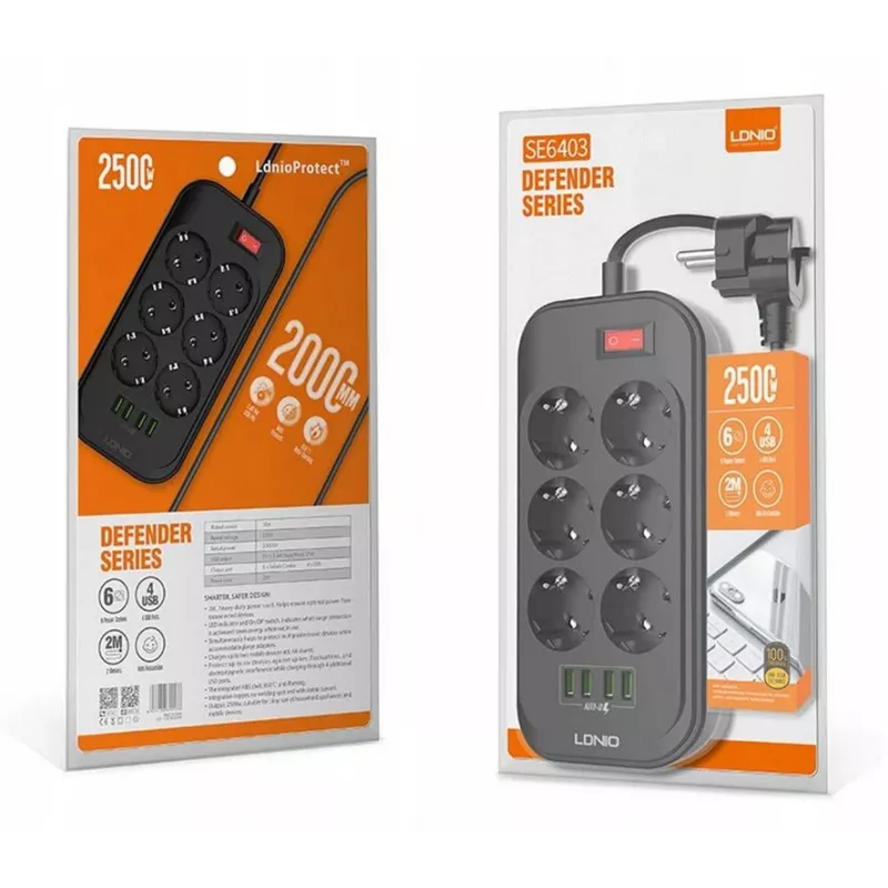 LDNIO SE6403 Steckdosenleiste 6 Steckdosen + 4 USB-Ladeanschlüsse, 2m Kabel, 2500W, Weiß