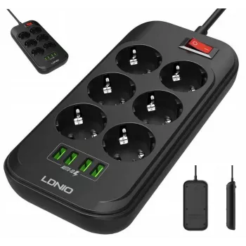 LDNIO SE6403 Steckdosenleiste 6 Steckdosen + 4 USB-Ladeanschlüsse, 2m Kabel, 2500W, Weiß