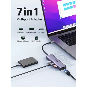 UGREEN 60515 7-in-1 USB-C-Hub, 4K 60Hz HDMI, Ethernet, 100 W PD, grau