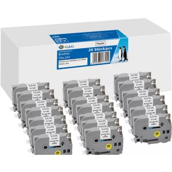 20x G&G Kompatibles Etikettenband 18mm x 8m Schwarz auf Weiß für Brother TZe-241 (21570)