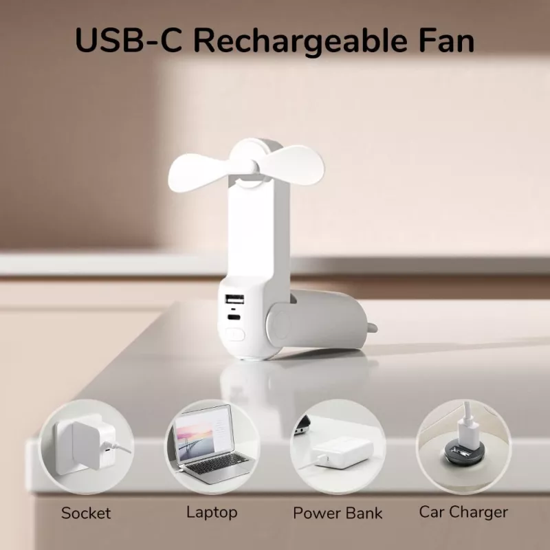 JISULIFE Handheld Fan 8 Weiß Tragbarer USB-Ventilator mit Powerbank 2000mAh und Taschenlampe