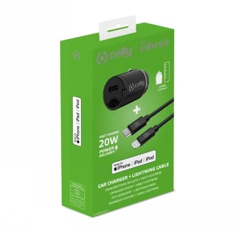 CELLY CCMINILIGHT – Auto-Ladegerät USB-C + USB-C auf Lightning Kabel 20W [PRO POWER]