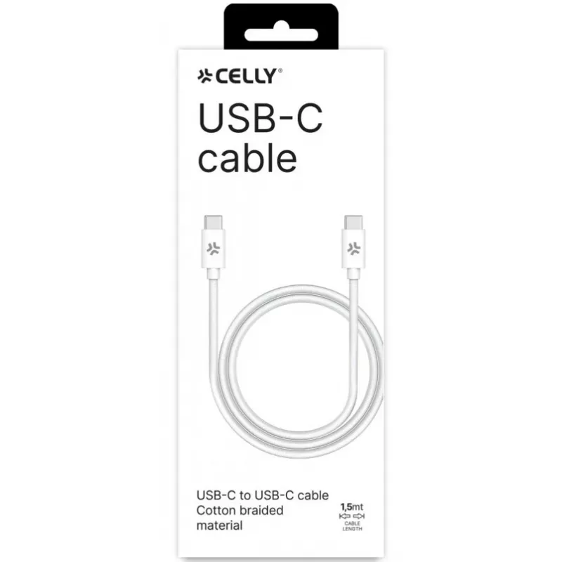 CELLY USBCUSBCCOTT - USB-C auf USB-C Baumwollgeflechtkabel Weiß (Power Delivery)