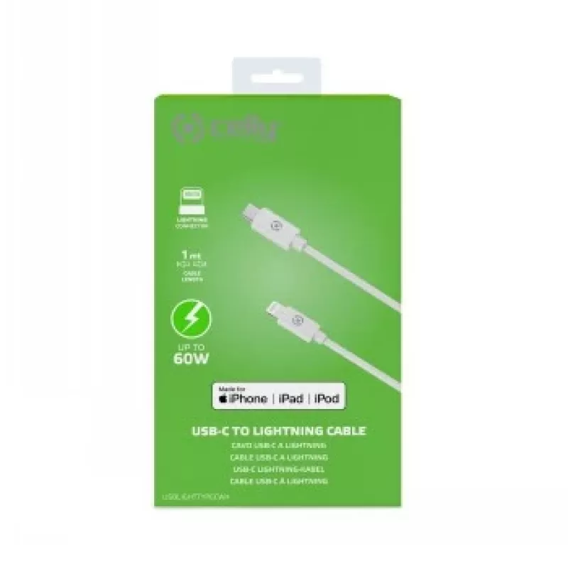 CELLY Lightning auf USB-C Kabel 60W - 1,2m Weiß MFi zertifiziert