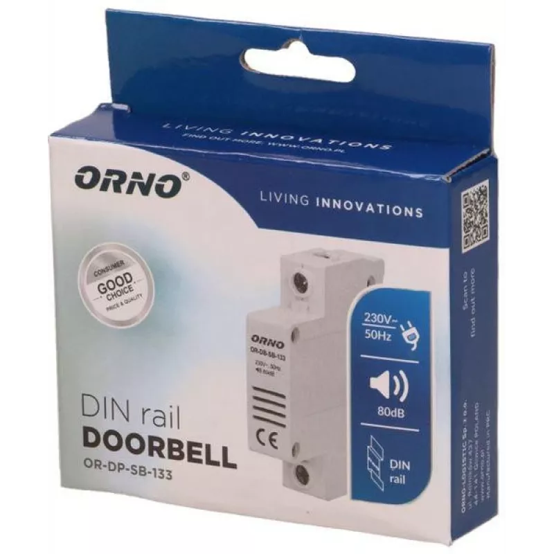 ORNO OR-DP-SB-133 Kabelgebundener Türgong, DIN-Schiene 1 Modul, 230V AC, 85 dB, Weiß/Grau