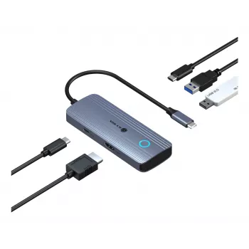 IcyBox IB-DK4081-SO Spade Dock 4081 5-in-1 Reise-Dockingstation mit Off-Screen-Ladefunktion, USB-C, HDMI 4K, Gigabit Ethernet, 2x USB-A, 100W PD, Aluminium