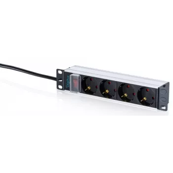 DIGITUS 10 inch Aluminium PDU Stromverteiler, 4 Schuko-Steckdosen, 16A, 1,5m Kabel, Schwarz