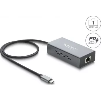 Delock USB Type-C Gigabit Ethernet Netzwerkadapter mit RJ45 PoE und USB Power Delivery