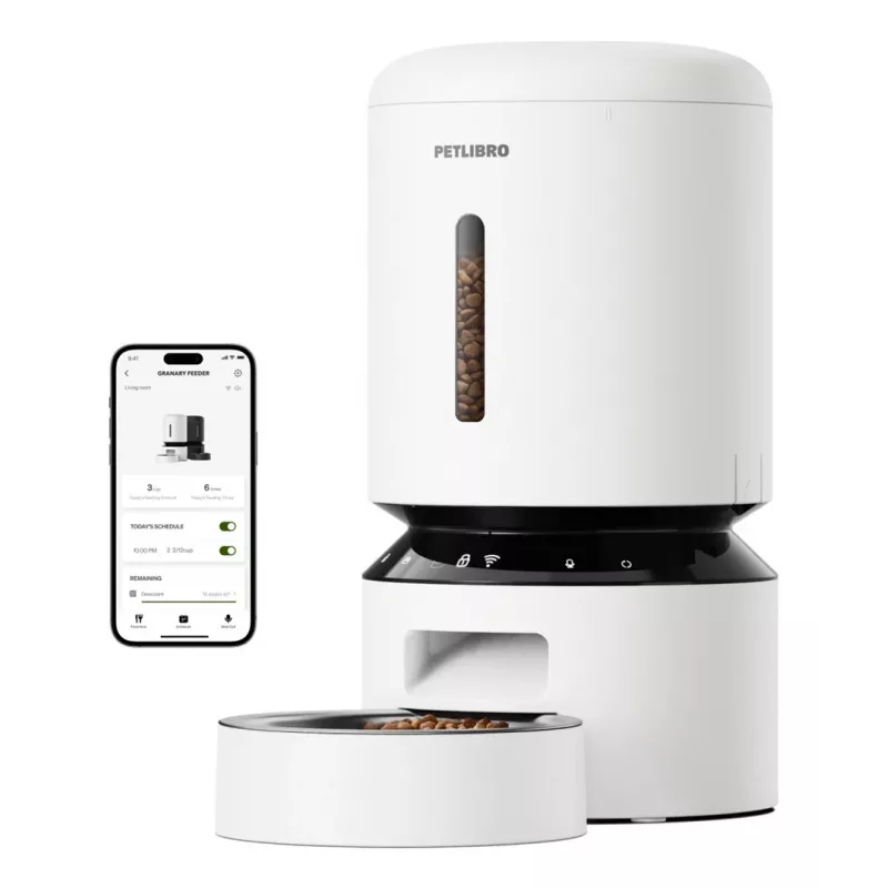 PETLIBRO Granary WiFi Feeder 5L Weiß – Automatischer Futterspender mit App-Steuerung, 10 Mahlzeiten/Tag, Sprachrekorder, Edelstahlschale
