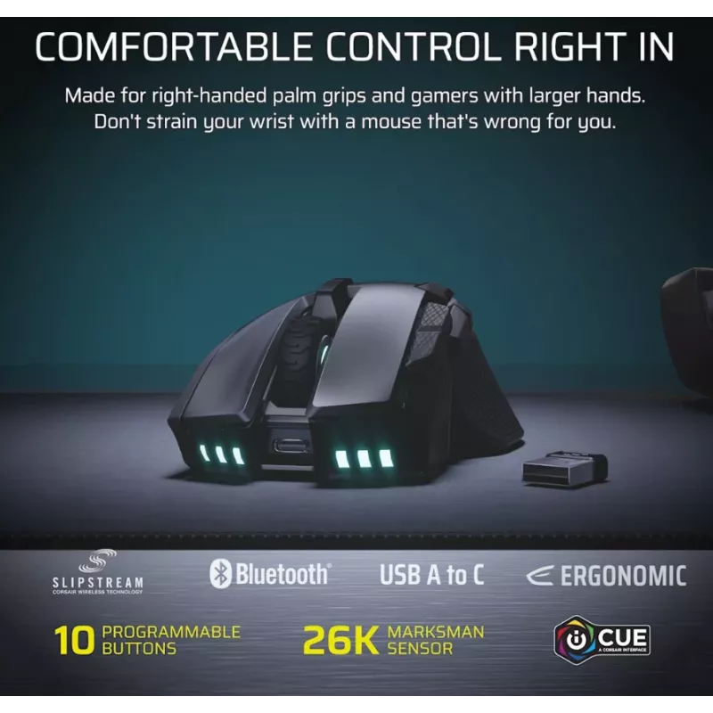 CORSAIR Ironclaw Wireless SE Gaming-Maus - 26.000 DPI, optisch, SLIPSTREAM Wireless, Bluetooth, USB, RGB, Schwarz