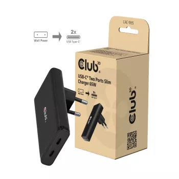 Club 3D CAC-1935 Slim 65W Dual-USB-C-GaN-PD-3.1-PPS-Ladegerät, Schwarz