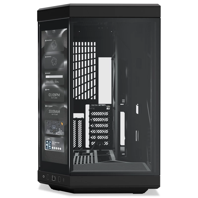 HYTE Y70 Touch Black Mid Tower Gehäuse mit Panorama-Temperglas und 14,1 Zoll Touchscreen, ATX/E-ATX, vertikaler GPU-Halterung
