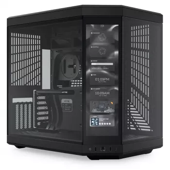 HYTE Y70 Touch Black Mid Tower Gehäuse mit Panorama-Temperglas und 14,1 Zoll Touchscreen, ATX/E-ATX, vertikaler GPU-Halterung