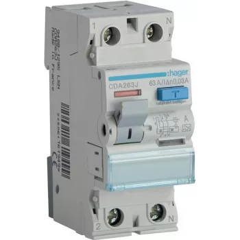 HAGER CDA263J RCCB Fehlerstromschutzschalter 1P+N 63A 30mA Typ A 6kA 230V 2-Modul DIN-Schiene