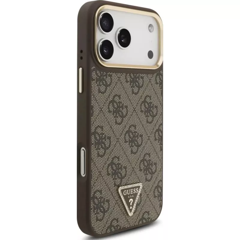 GUESS 4G Triangle Logo MagSafe Hülle für iPhone 17 Pro Max - Braun & Gold