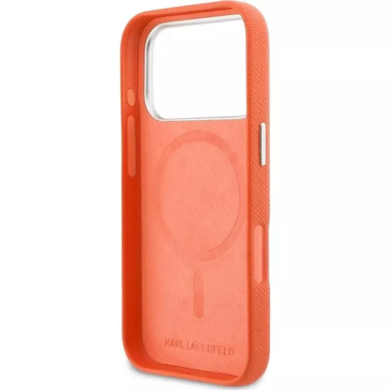 Karl Lagerfeld Karl & Choupette Head Pins Saffiano MagSafe Hülle für iPhone 17 Pro Max – Orange